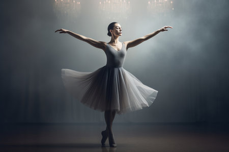 Young beautiful ballerina in white tutu and pointe shoes posing in dark studioの素材