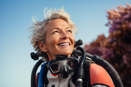 Portrait of smiling senior woman with scuba diving equipment on beachの素材