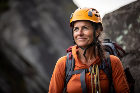 Portrait of female climber in helmet standing on a rocky wallの素材