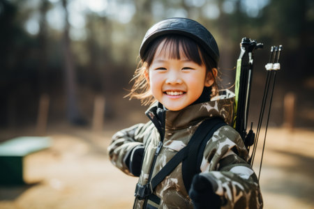 Happy asian child girl with bow and arrow in the park.の素材