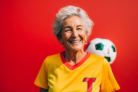 portrait of smiling senior woman with soccer ball isolated on red backgroundの素材