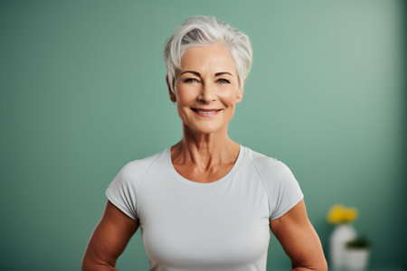 portrait of smiling senior woman looking at camera while standing against green backgroundの素材