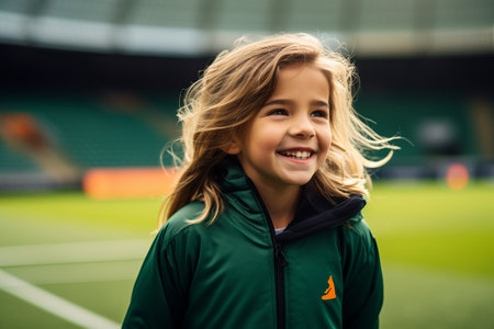 Cute little girl in sportswear smiling at camera on football stadiumの素材