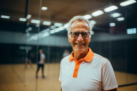Portrait of senior man with eyeglasses looking at camera in gymの素材