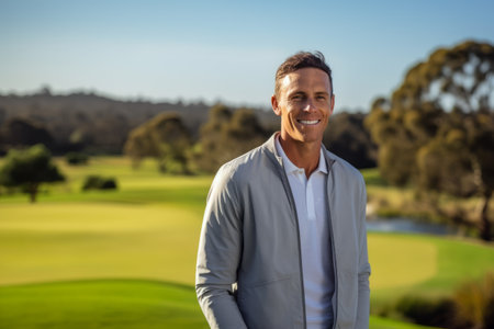 Portrait of smiling man standing with hands on hip on golf courseの素材