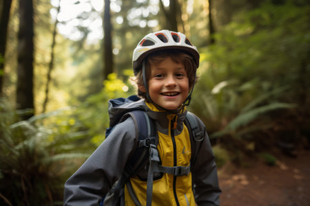 Portrait of a smiling boy with backpack standing in the forest.の素材
