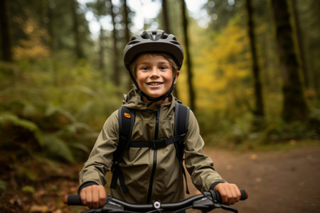 Portrait of smiling boy riding bicycle in forest on a sunny dayの素材
