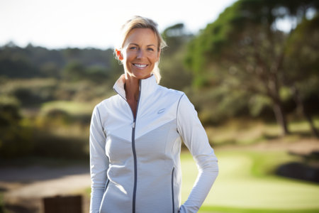 Portrait of smiling woman standing with hands on hip on golf courseの素材