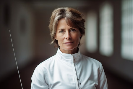 Portrait of a female fencer standing in front of the cameraの素材