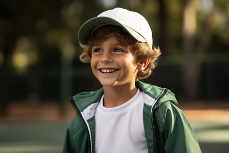portrait of smiling boy in cap looking at camera on tennis courtの素材