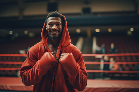 Handsome african american boxer standing in boxing ring and smilingの素材