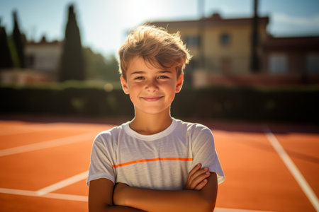 Portrait of a smiling boy standing with arms crossed on tennis courtの素材