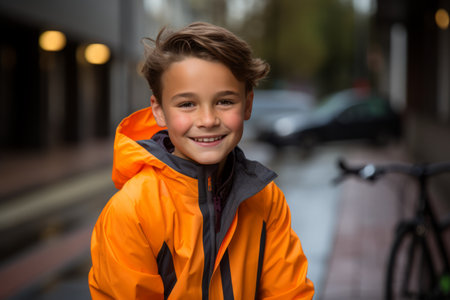 Portrait of a smiling boy in an orange raincoat on the streetの素材