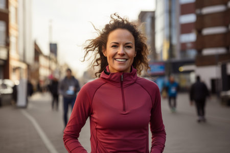 Portrait of smiling woman in sportswear standing in city streetの素材