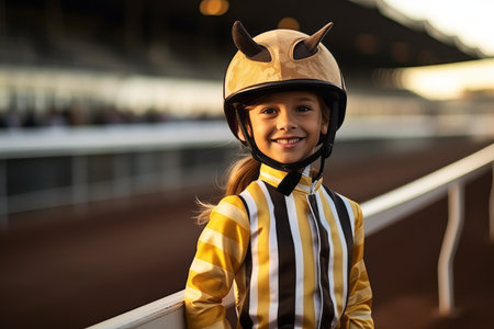 Portrait of a cute little girl wearing a helmet on the horse race trackの素材