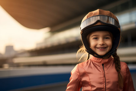 Portrait of a cute little girl wearing a helmet on the background of the railway stationの素材