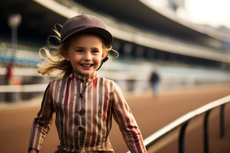 Portrait of a smiling little girl in a hat and plaid shirt on the background of the stadiumの素材