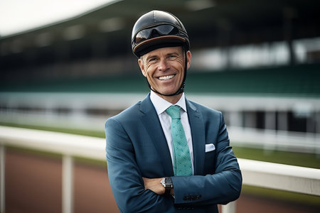 Portrait of a smiling businessman with helmet standing at the racecourseの素材