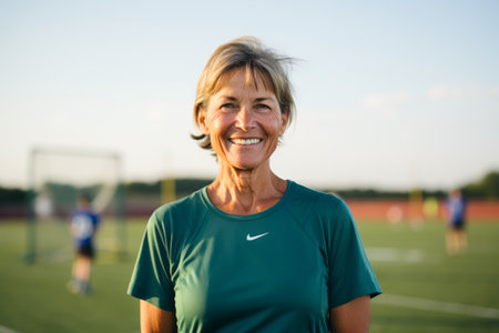 Portrait of smiling senior woman standing on field during soccer match.の素材