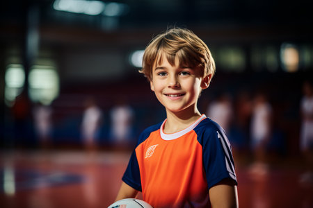 Portrait of smiling boy with ball in hand at sports hall.の素材