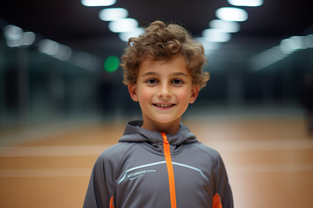 Portrait of a smiling boy in sportswear looking at cameraの素材