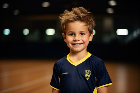 Portrait of a cute little boy in sportswear looking at cameraの素材