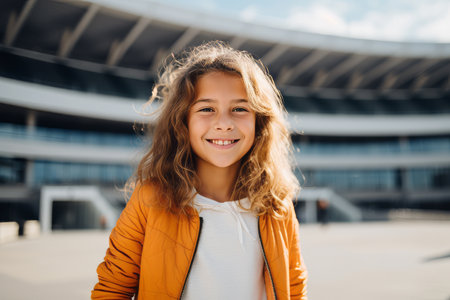 portrait of smiling little girl looking at camera while standing in stadiumの素材
