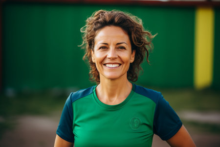 Portrait of a smiling middle-aged woman with curly hair in sportswear.の素材