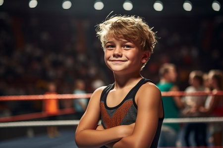 Portrait of smiling boy in boxing ring looking at camera in boxing ringの素材