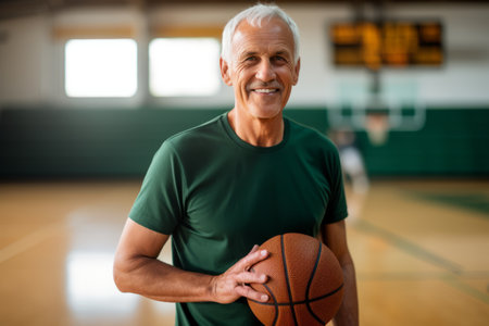 Portrait of smiling senior man holding basketball ball in basketball court at schoolの素材