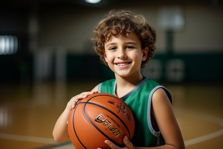 Portrait of smiling boy holding basketball ball while standing in sports hallの素材