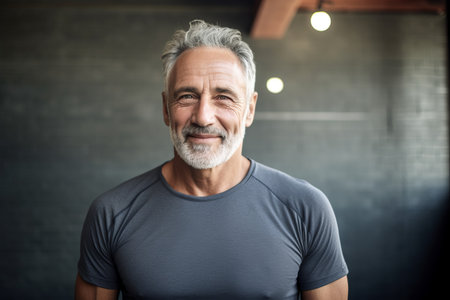 Portrait of a handsome senior man with gray hair standing in a gymの素材