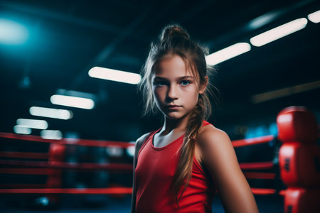 Portrait of a young beautiful boxer girl in red boxing gloves.の素材