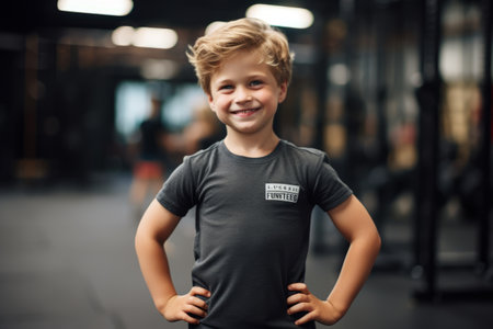 Portrait of a little boy in sportswear at the gymの素材