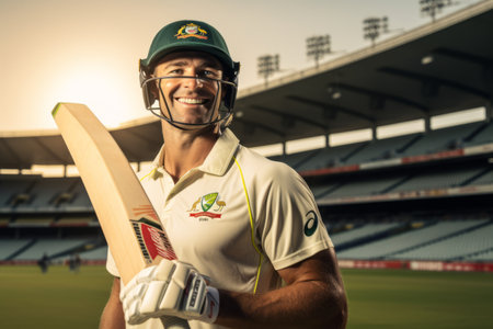 Cricket player standing in front of the camera with a cricket batの素材