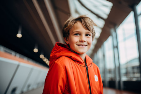 Portrait of a boy in a red jacket on the background of the airportの素材