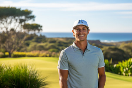 Portrait of smiling male golfer standing at golf course on a sunny dayの素材