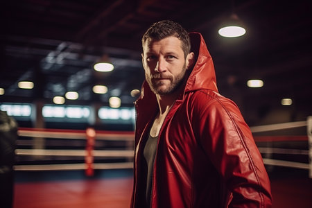 Handsome man in red jacket and hoodie standing in boxing ringの素材