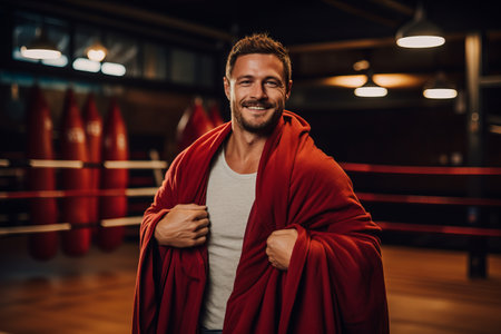 Portrait of a handsome young man standing in boxing ring and smilingの素材