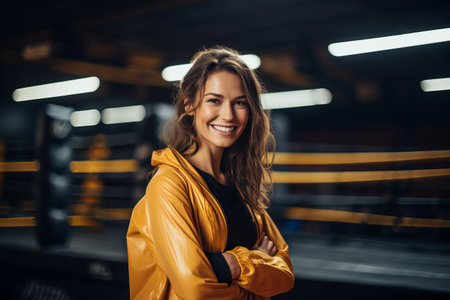 Portrait of a beautiful young woman in a yellow leather jacket.の素材