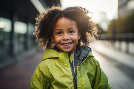 portrait of smiling african american little girl in green jacketの素材