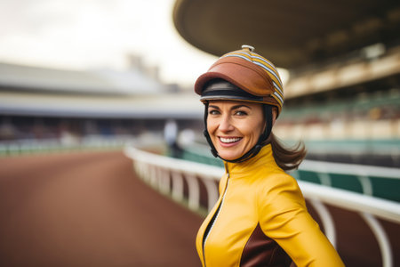 Portrait of a beautiful young woman riding a horse on the trackの素材