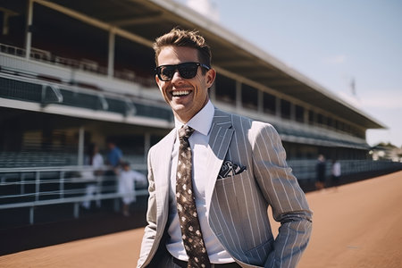 smiling businessman in sunglasses standing with hand in pocket on race trackの素材