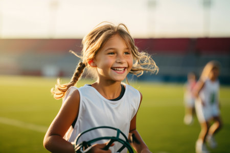 Portrait of a smiling little girl holding rugby ball on the fieldの素材
