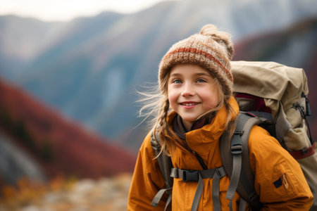 Cute little girl with backpack on the background of autumn mountains.の素材