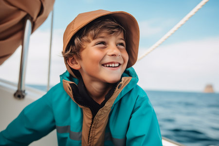 smiling boy in hat looking at camera while standing on sailing boatの素材