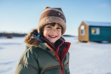 Little boy in winter clothes against the background of a wooden house.の素材