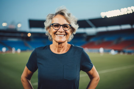 Portrait of smiling senior woman in eyeglasses standing at stadiumの素材