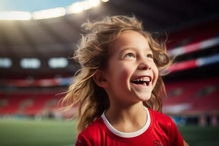 Portrait of a cute smiling little girl in red jersey at stadiumの素材