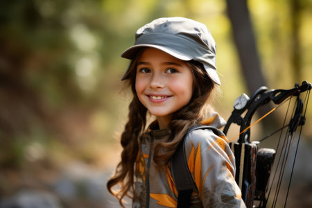 Portrait of a cute little girl with a bicycle in the parkの素材